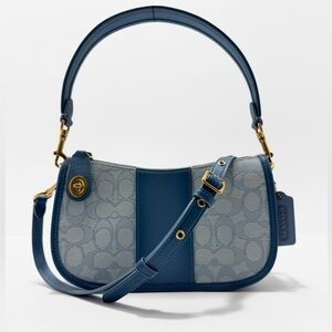 Coach Rare Seasonal Swinger Special Edition Blue Jacquard Burnished Blue Leather